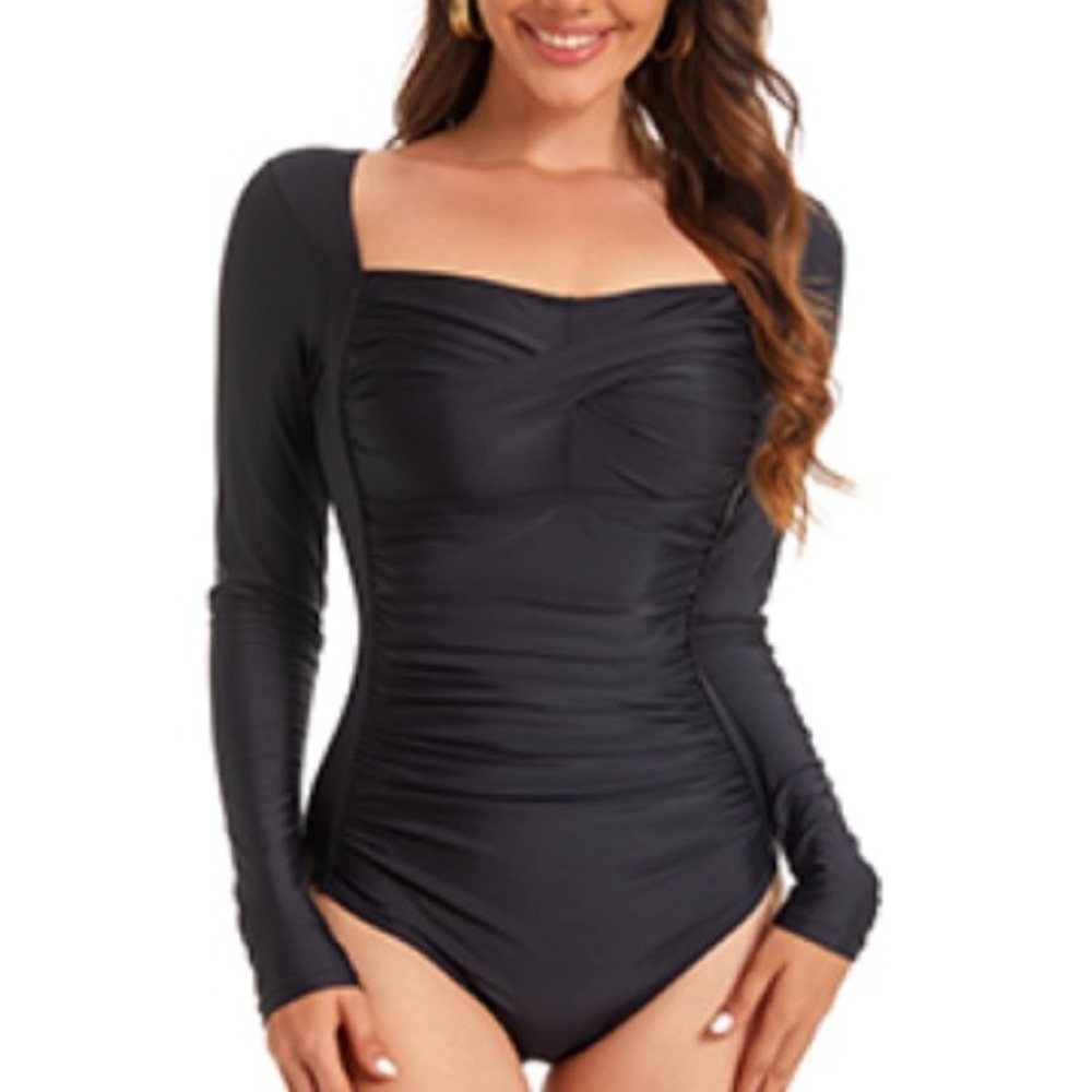 NESY women’s black long sleeve square neck zip back rashguard surf swim suit